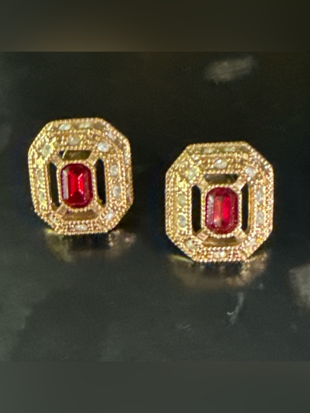 ‘Roman’ VTG Gold-Tone Post Earrings Red Swarovski Crystal & Clear Border Stones